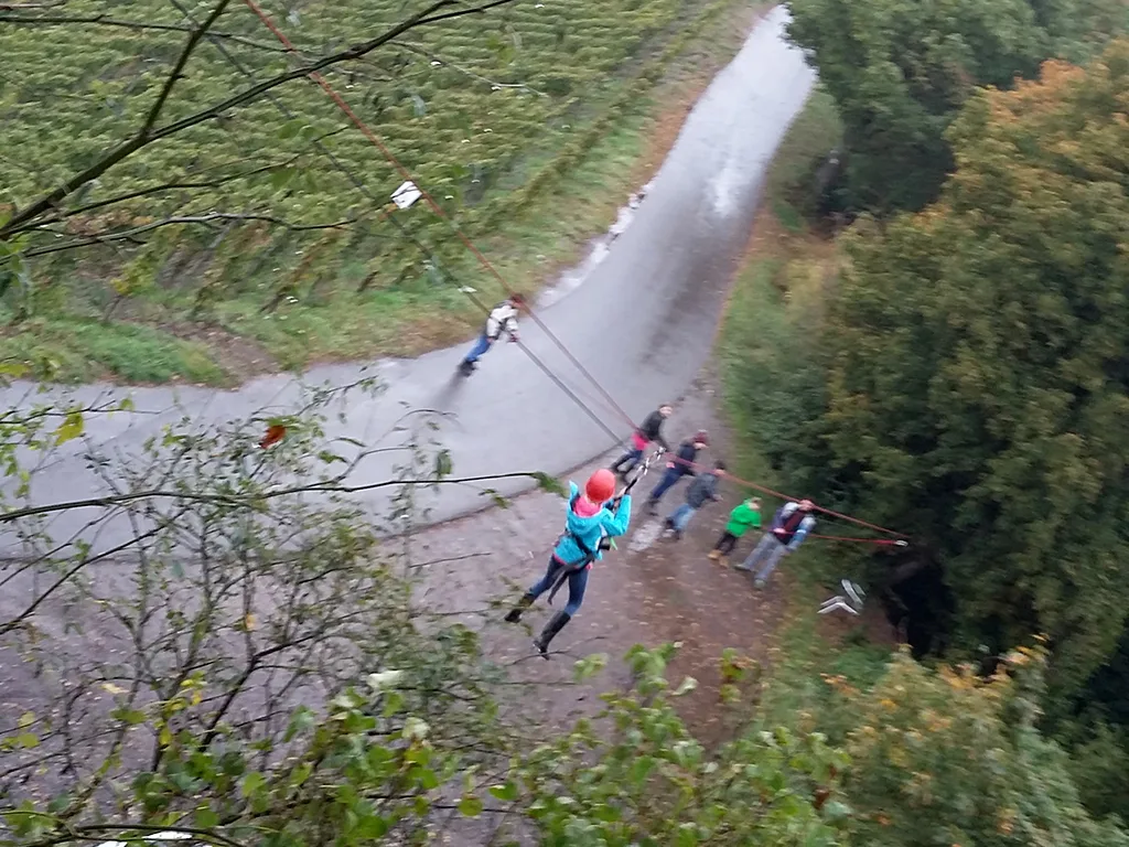 Blick von oben auf den Weg unterhalb der Seilrutsche.